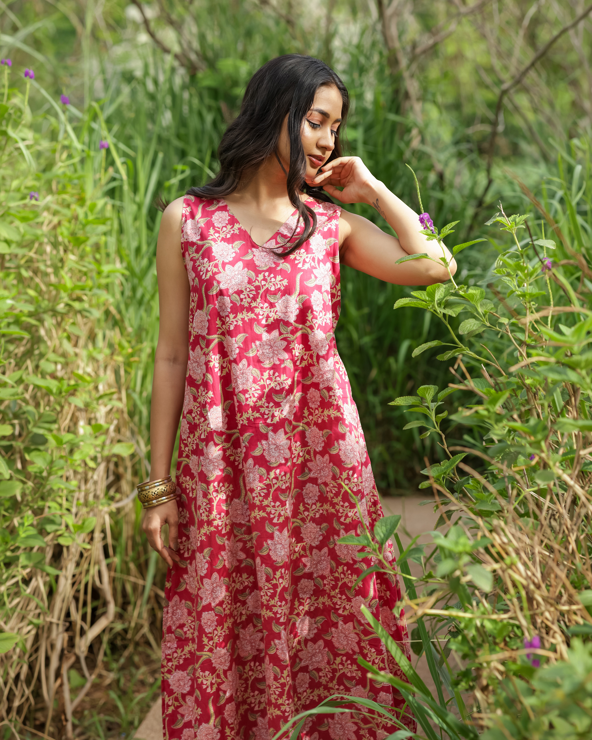 Pink Floral Printed A-Line Maxi Dress thumbnail 5