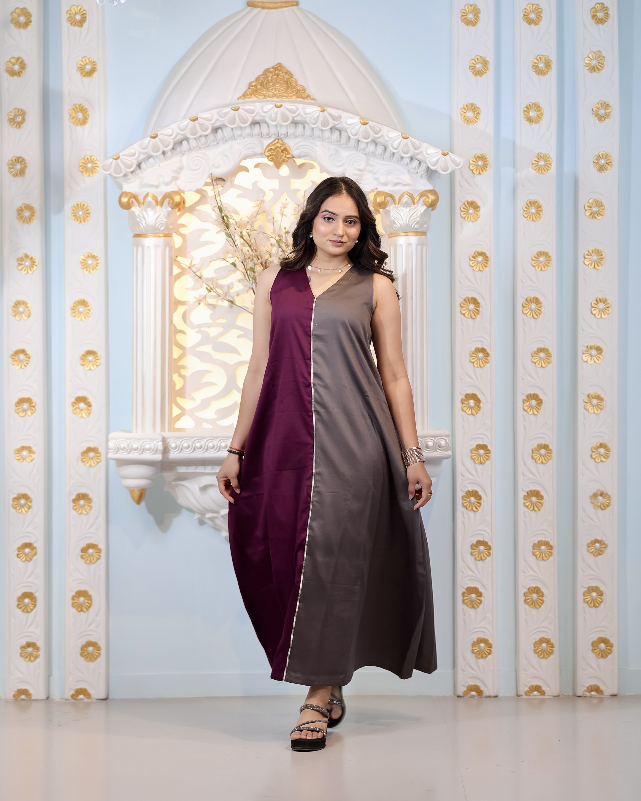 Elegant Two Tone Sleeveless Long Kurti Dress | Fusion Ethnic Wear💜🩶 thumbnail 5