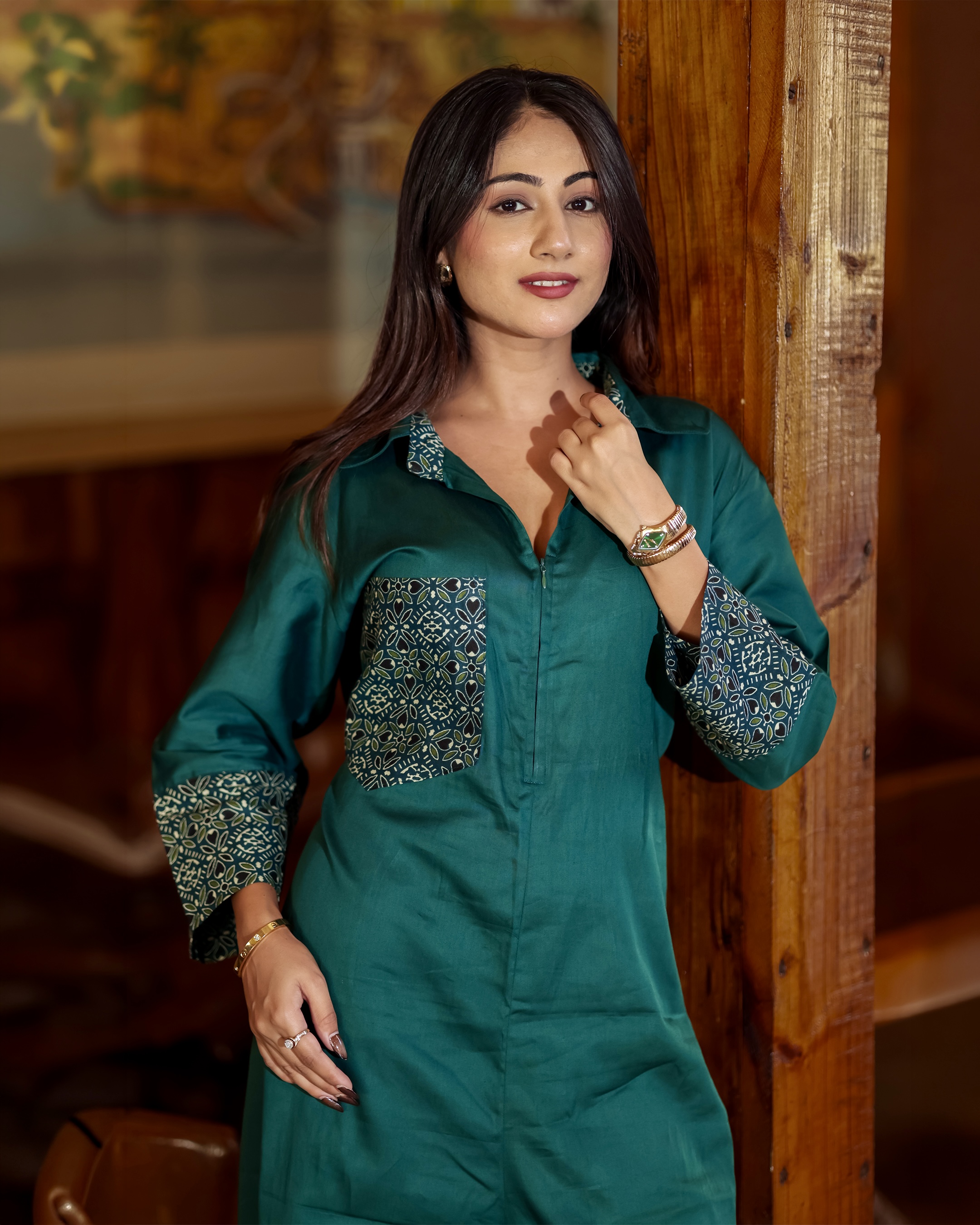 Green Solid Jumpsuit with Printed Detail thumbnail 2
